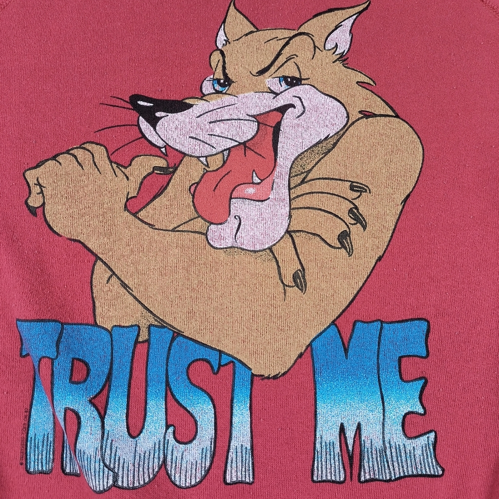 Vintage 80s sweatshirt Lee big bad wolf teletrend 1987 trust me XL Red USA Made - Picture 2 of 16